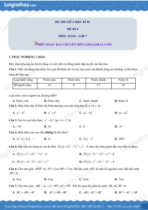 Đề thi giữa kì 2 Toán 7 - Đề số 4 - Cánh diều